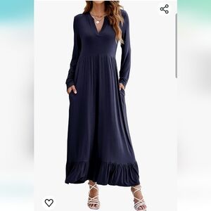 Molliya Long Sleeves V-Neck Maternity Maxi Dress with pockets Navy Blue